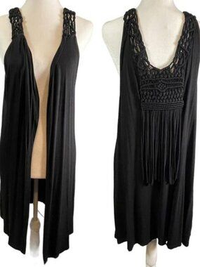 EST 1946 Black Woven Boho Open Front Sleeveless Kimono Fringe Crochet SIZE LARGE